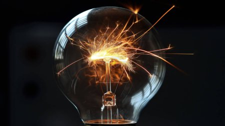 A filament in a lightbulb ignites with bright sparks, casting a warm glow against a dark background.