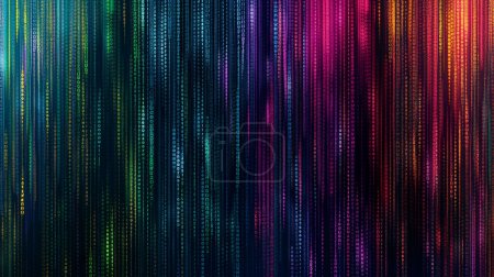 Digital rain of colorful binary code cascading down, representing data flow in vibrant, glowing hues.