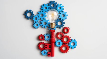 Un affichage créatif avec une ampoule au sommet d'un arrangement en forme d'arbre d'engrenages colorés, symbolisant l'innovation et les idées interconnectées.