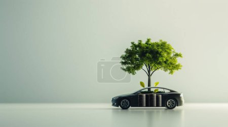 Konzeptbild eines schwarzen Autos, aus dem ein lebendiger grüner Baum wächst, der umweltfreundliche Automobiltechnologie symbolisiert.