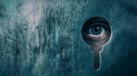 Imagen surrealista de un ojo azul brillante asomándose a través de un ojo de cerradura en una pared de color verde azulado, evocando misterio y vigilancia.
