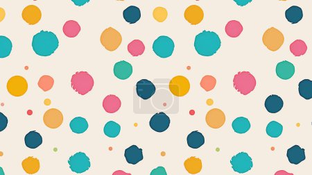 A playful and colorful pattern of variously shaped paint splatters in shades of blue, yellow, and pink on a soft beige background, suggesting creativity and fun.