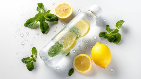 Frische verkörpert durch eine Wasserflasche mit Zitronenscheiben und Minze, umgeben von verstreuten Minzblättern, Zitronenhälften und Wassertropfen auf weißem Hintergrund.
