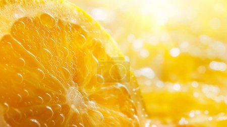 Photo for Macro shot of a fresh, juicy orange segment covered in tiny water droplets, highlighted by a radiant, sunlit background creating a refreshing look. - Royalty Free Image