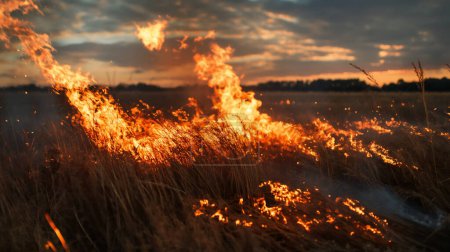 Intensiver Flächenbrand, der sich bei Sonnenuntergang durch ein Grasfeld ausbreitet, mit lebendigen Flammen und Glut, die vor dem Hintergrund dramatischer Wolken und eines dunklen Himmels aufsteigen.
