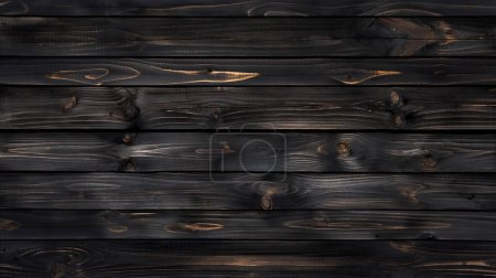 Gros plan de planches de bois carbonisé à la surface sombre et texturée, présentant des motifs de grains naturels et parfois des reflets ambrés brillants.