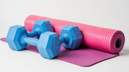 Mancuernas azules descansan sobre una esterilla de yoga rosa, que simboliza la aptitud y el ejercicio, aisladas sobre un fondo blanco.