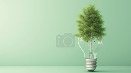A lush tree growing inside a clear light bulb against a soft green background, symbolizing eco-friendly energy.