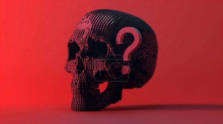 Téléchargez les photos : Un crâne de mosaïque numérique avec un design de point d'interrogation, sur un fond rouge vif. - en image libre de droit