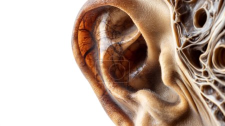 A highly detailed close-up of a human ear, showcasing intricate textures and patterns within its inner structures.