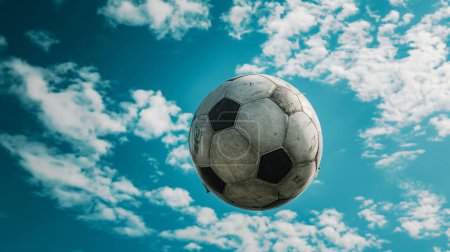 A worn soccer ball suspended in mid-air against a clear blue sky with scattered clouds, emphasizing motion and freedom.