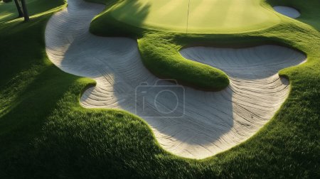 A meticulously designed golf course bunker with sweeping contours and lush green grass, highlighted by shadows and sunlight.