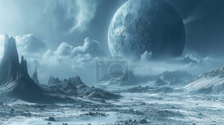 Surreal alien landscape with towering icy spires and a massive cratered moon looming over a frozen terrain under a cloudy sky.