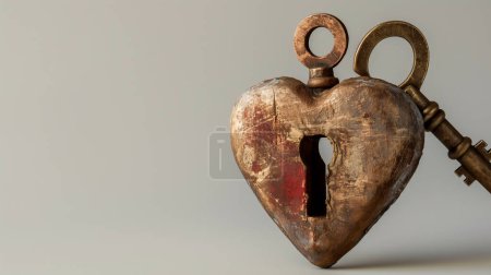 Photo for Antique wooden heart with a keyhole and a vintage key, representing love and unlocking emotions, set against a neutral background. - Royalty Free Image