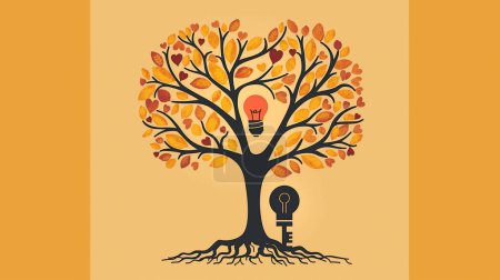 Artistic illustration of a tree with autumn leaves and two light bulbs as fruit, set against a mustard yellow background, symbolizing creativity and ideas.