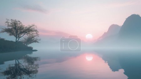 Serene landscape at sunrise with a lone tree by a calm lake, reflecting pink and blue hues amidst misty mountain silhouettes.