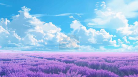 Amplio campo de lavanda bajo un cielo azul brillante disperso con nubes esponjosas, creando un paisaje onírico y sereno.