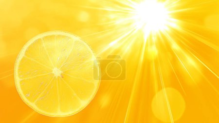 Image lumineuse et rayonnante d'une tranche de citron avec des rayons de soleil qui en émanent, sur un fond jaune vif.