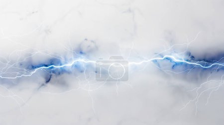 Lebendige blaue Blitze knistern über einen stürmischen Marmorhimmel und schaffen einen dynamischen Kontrast zwischen Energie und Ruhe.
