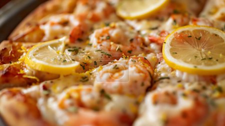Primer plano de una pizza de camarones adornada con rodajas de limón y hierbas frescas, destacando los deliciosos ingredientes en vibrante detalle.