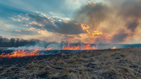 A wildfire spreads across a field, with intense flames under a dramatic sky, contrasting the fiery orange against cool blue clouds.