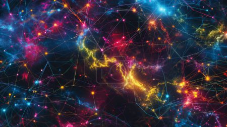 Anschauliche digitale Darstellung eines kosmischen Netzwerks mit miteinander verbundenen Linien und hellen Sternen, das ein komplexes und dynamisches Universum darstellt.