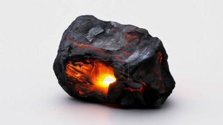 A striking charcoal black rock with an internal glow of fiery orange light, creating a stunning contrast and hint of hidden energy within.