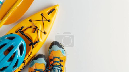 Adventure gear setup with a yellow kayak, blue helmet, and colorful hiking shoes on a white background, symbolizing outdoor sports and activities.