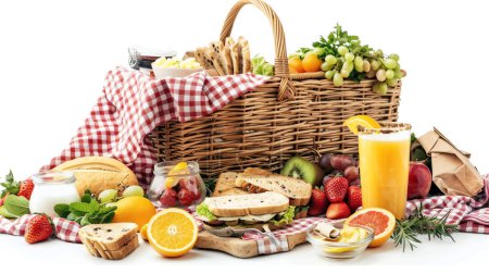 Ein üppiger Picknickaufstrich mit einem Weidenkorb gefüllt mit Früchten, Sandwiches und Getränken auf einem rot karierten Tuch.