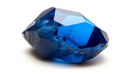 Großer, facettierter blauer Edelstein mit tiefer, lebhafter Farbe und filigranen Lichtreflexionen, isoliert auf weißem Hintergrund.