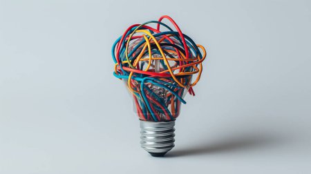 Light bulb wrapped in tangled colorful wires, symbolizing complex thoughts and ideas, against a neutral background.