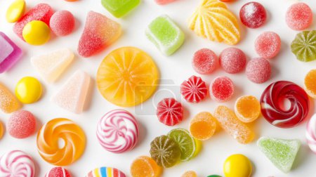 Foto de Un surtido vibrante de caramelos coloridos, incluyendo gomitas, caramelos duros y piruletas giratorias, que se muestran sobre un fondo blanco. - Imagen libre de derechos