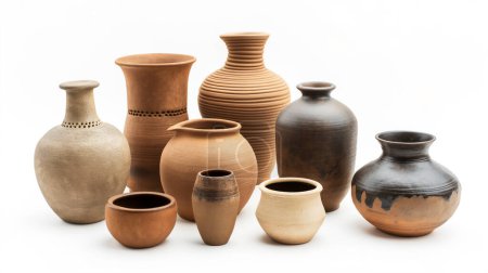 Téléchargez les photos : Une collection de vases de poterie fabriqués à la main dans différentes formes et tons terreux, exposés sur un fond blanc. - en image libre de droit