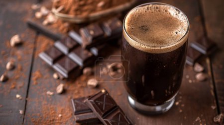 Photo for A dark, foamy beer in a glass accompanied by chunks of dark chocolate, cocoa powder, and coffee beans on a wooden surface. - Royalty Free Image