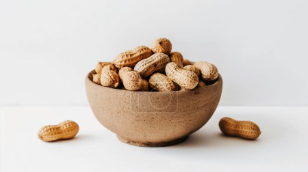 A bowl of unshelled peanuts placed on a clean white background, showcasing their natural texture.