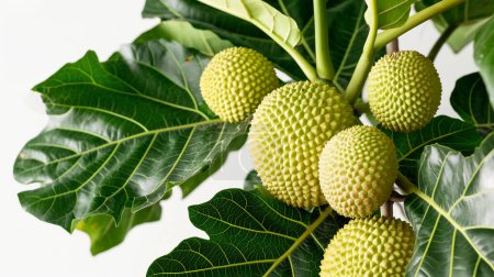 Fresh breadfruit on a branch surrounded by lush green leaves, showcasing its distinctive textured skin against a white background.