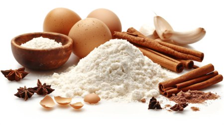 Arrangement of baking ingredients with eggs, flour, cinnamon, and star anise on a white background.