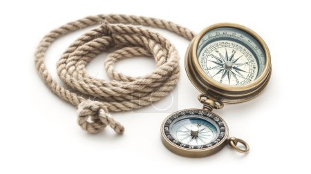 Foto de Dos brújulas vintage junto a una cuerda de cáñamo enrollada, que se muestran sobre un fondo blanco, simbolizando la navegación y la exploración. - Imagen libre de derechos