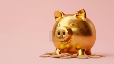 Hucha dorada con una superficie brillante rodeada de monedas dispersas sobre un fondo rosa suave, que simboliza el ahorro y la riqueza.