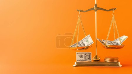 Goldene Waage mit US-Dollarscheinen auf jeder Seite, vor orangefarbenem Hintergrund, symbolisiert finanzielles Gleichgewicht oder Gerechtigkeit.