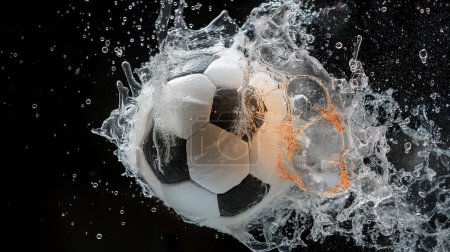 Ein Fußballball, der dramatisch vom Wasser bespritzt wird, aufgenommen in einem Hochgeschwindigkeitsfoto vor dunklem Hintergrund.