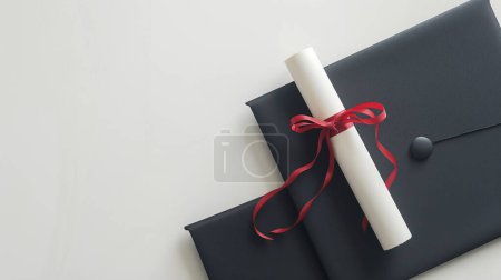 A diploma with a red ribbon on top of a black graduation cap folder, set against a neutral background, symbolizes academic achievement.