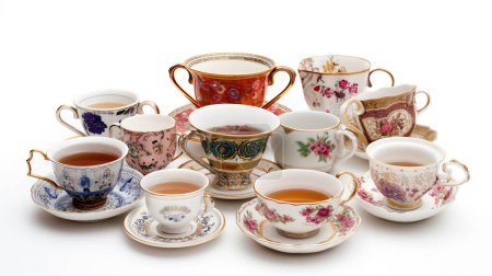 Kollektion verschiedener Vintage-Teetassen mit komplizierten Mustern und teilweise mit Tee gefüllt, auf weißem Hintergrund.