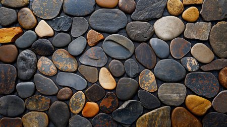 A detailed close-up of a variety of smooth river stones in an array of earth tones, neatly arranged to fill the frame.
