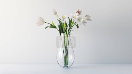 Elegant white lilies arranged in a clear, slender vase against a soft white background, showcasing the simplicity and beauty of the flowers.