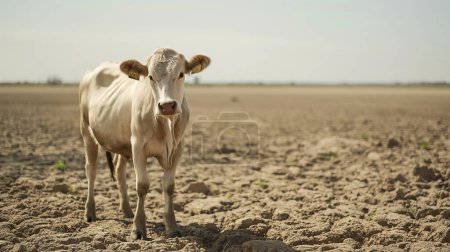 A lone white cow stands in a vast, barren field with cracked soil under a clear sky, highlighting issues of drought and agricultural challenges.
