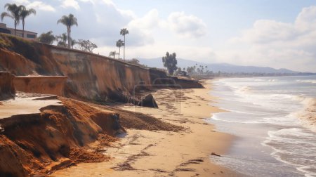 Eine heitere Strandszene mit Erosion an Felswänden mit Palmen an der Spitze, mit Blick auf eine sandige Küste unter einem nebligen Himmel.