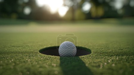 A close-up of a golf ball on the edge of the hole on a lush green course, bathed in the golden light of a setting sun.