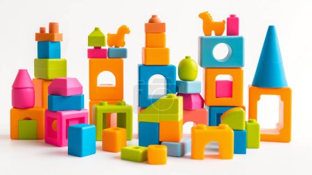 Una colección vibrante y juguetona de coloridos bloques de construcción de plástico dispuestos en varias estructuras creativas sobre un fondo blanco.