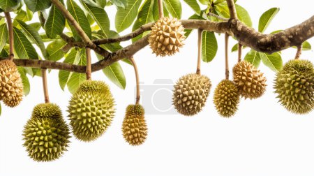 Durianische Früchte hängen an einem Ast und zeigen ihre markanten stacheligen Schalen inmitten sattgrüner Blätter vor weißem Hintergrund.